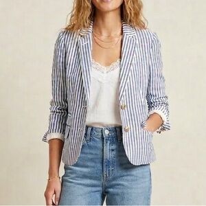 J.crew Schoolboy Blazer Linen Striped Gold Buttons Size 00 Preppy Academia